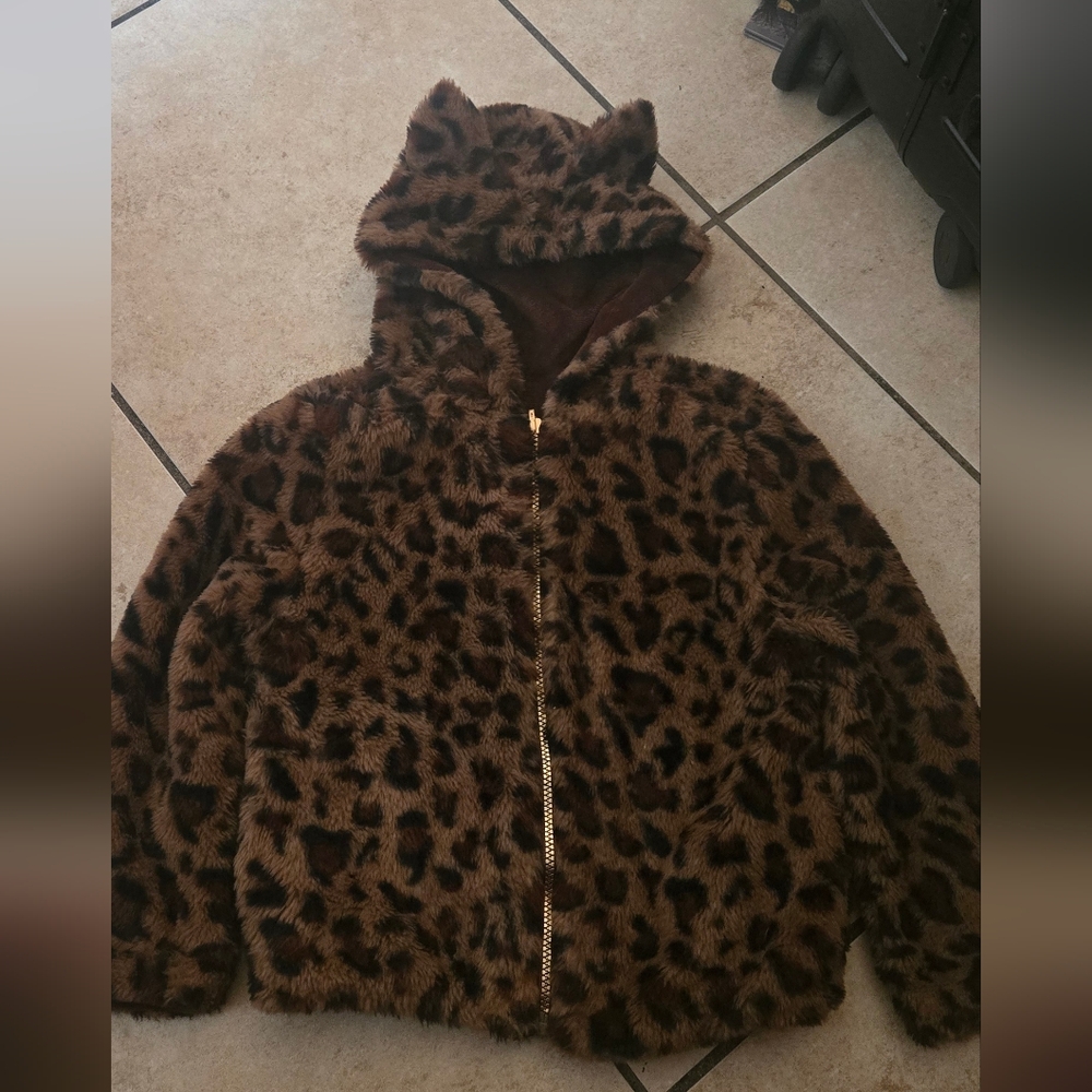 Kids Leopard Print Faux Fur Jacket - Brown - Picture 2 of 7